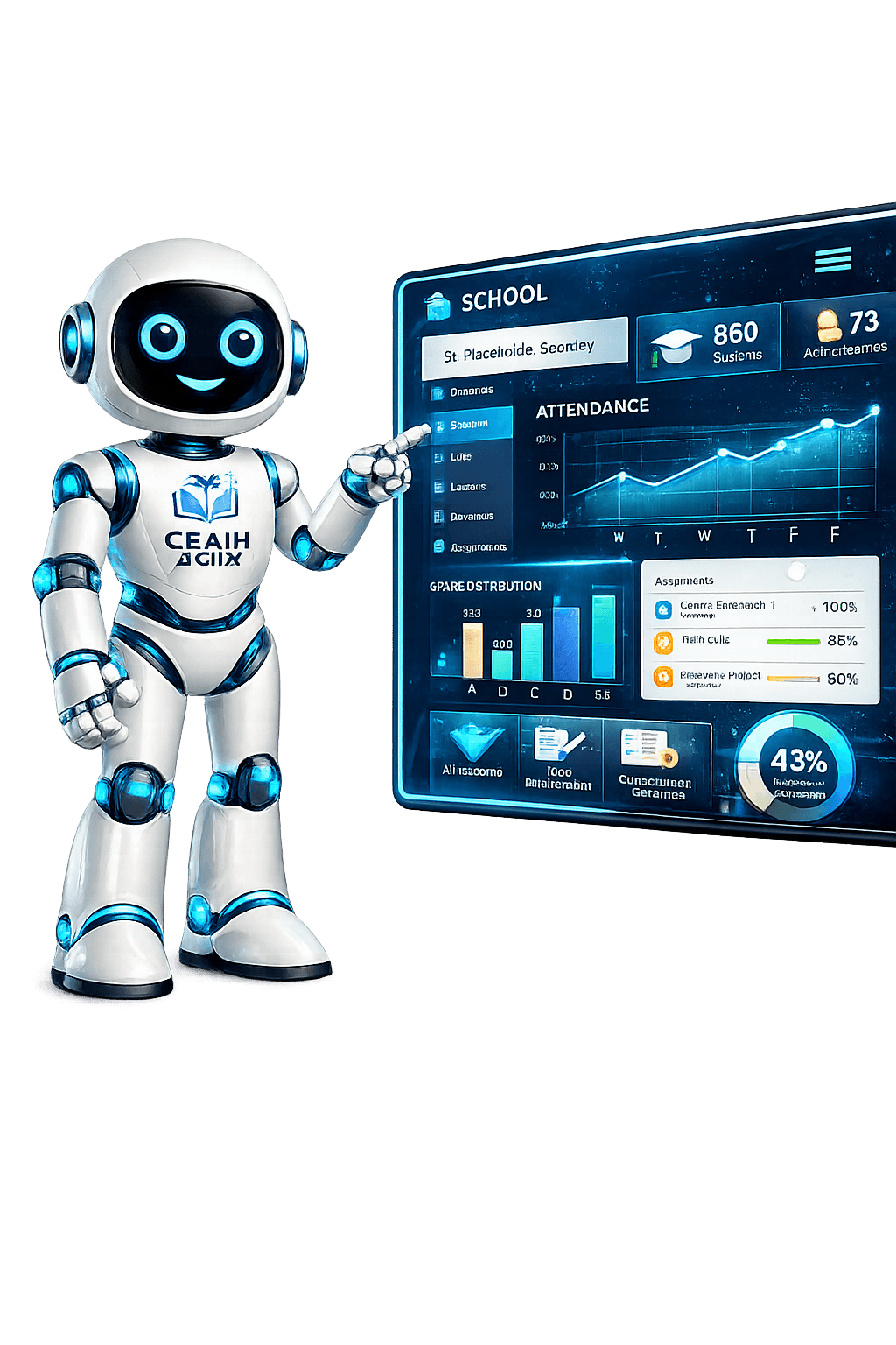 CEAIH AI Guide beside a school management dashboard